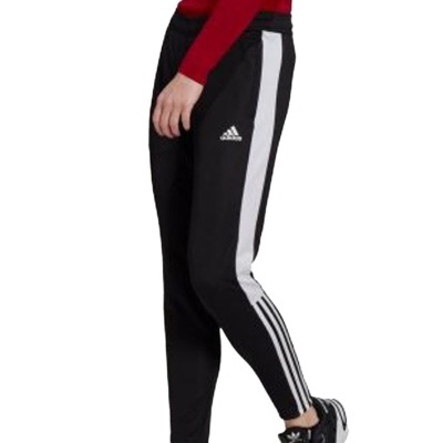 Calças desportivas Adidas pretas com risca lateral cinza e três riscas brancas