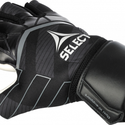 Luvas de guarda-redes pretas com detalhes cinza e brancos, texto SELECT e etiqueta no punho