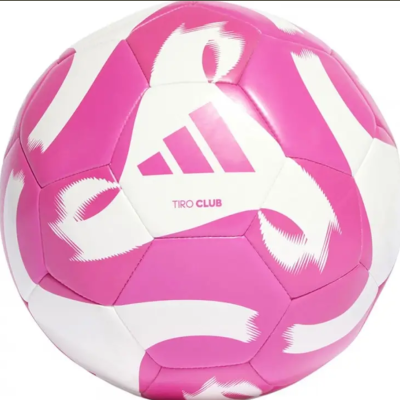 Bola de futebol Adidas rosa e branca com padrão e texto TIRO CLUB