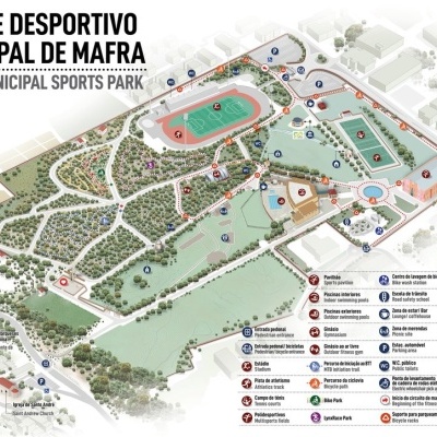 Mapa ilustrado do Parque Desportivo Municipal de Mafra com áreas desportivas e verdes.
