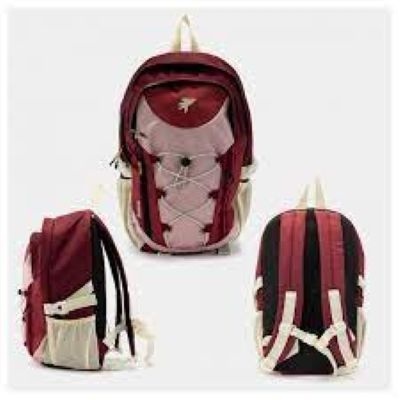 Mochila vermelha e bege com alças acolchoadas e bolso frontal