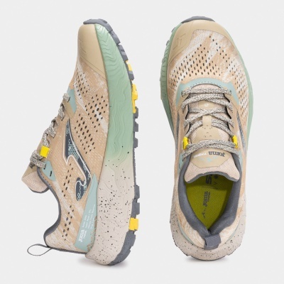 Sapatilhas desportivas bege, verde água e cinza com sola antiderrapante e textura perfurada