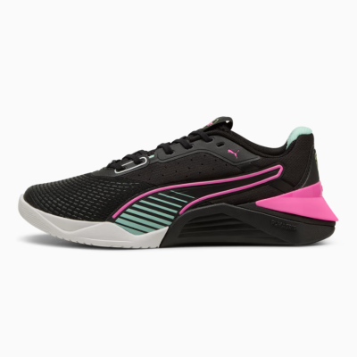 Ténis desportivo Puma preto com detalhes rosa e verde