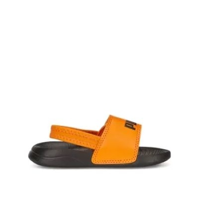 Sandália infantil preta e laranja com texto PUMA na tira