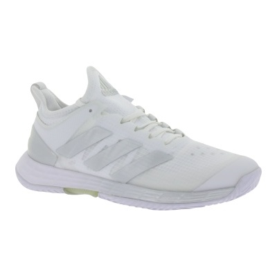 Tênis de corrida branco com detalhes cinza e três listras