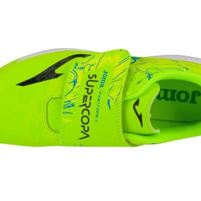 Sapato desportivo de criança verde fluorescente com velcro e detalhes a preto e branco