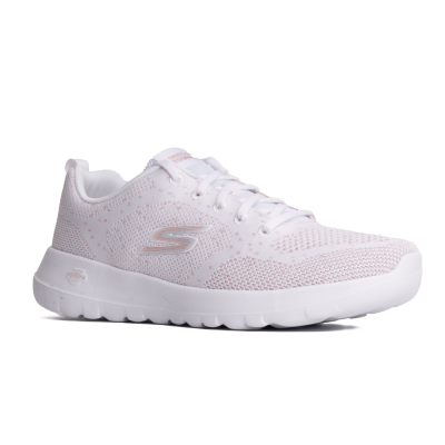 Ténis cor de rosa claro com sola branca e logo Skechers na lateral