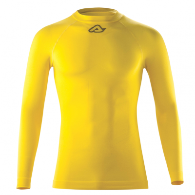 Camiseta desportiva amarela de manga comprida com logótipo preto no peito