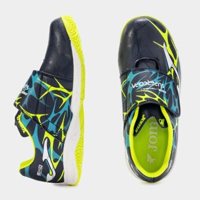 Sapatilhas desportivas Joma azul escuro com padrões amarelos e verdes, sola branca e amarela