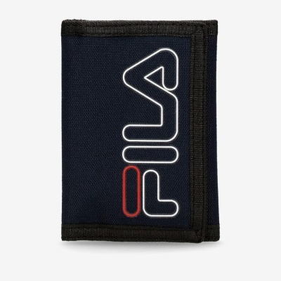 Carteira azul escura com bordas pretas e logótipo FILA em branco e vermelho