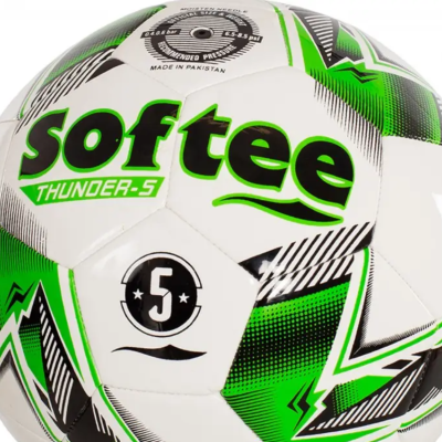 Bola de futebol branco com detalhes verdes e pretos e texto Softee Thunder-5