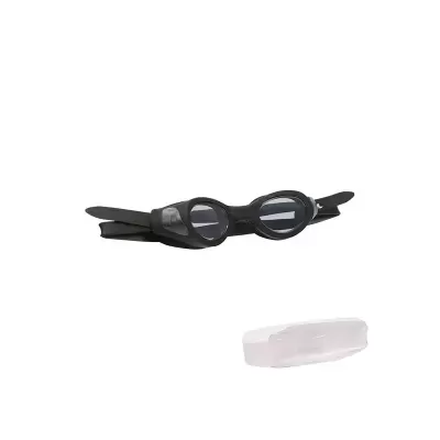 Óculos de natação pretos com lentes transparentes e caixa branca translúcida