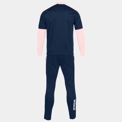 Conjunto de roupa esportiva azul escuro e cor-de-rosa com texto Joma na calça