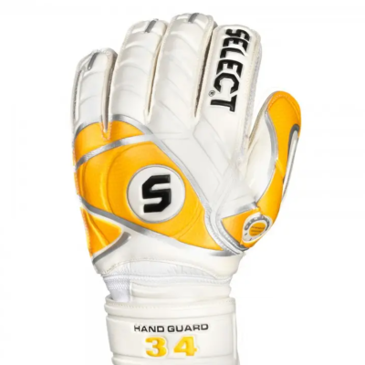 Luva guarda-redes branca e amarela com texto SELECT e HAND GUARD 34