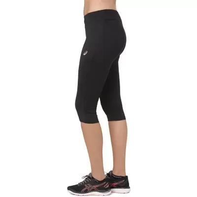 Calças justas pretas 3/4 femininas com logótipo ASICS e ténis pretos com detalhes cor-de-rosa