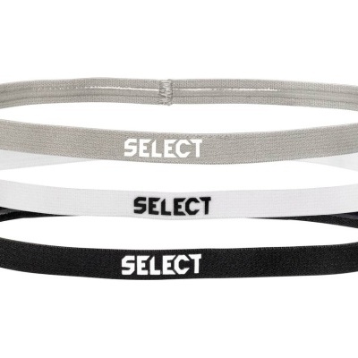 Três elásticos para a cabeça de diferentes cores com a palavra SELECT