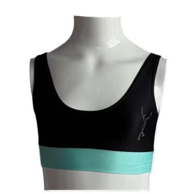 Top desportivo preto com faixa azul clara e aplicações prateadas