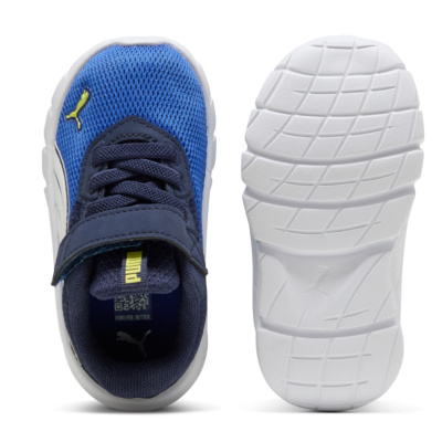 Sapatilhas infantis Puma azul com sola branca vista frontal e inferior