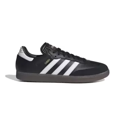 Ténis Adidas Samba preto com riscas brancas e sola castanha