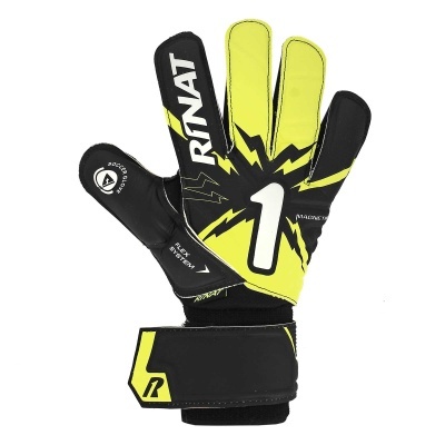 Luvas de guarda-redes futebol preto e amarelo com numero 1 e texto RINAT