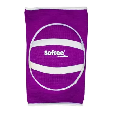 Suporte de joelho roxo com detalhes brancos e logo softee