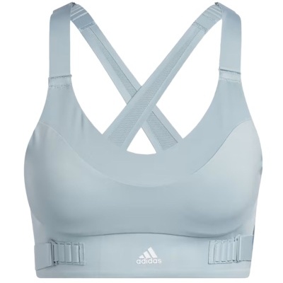 Top desportivo Adidas azul claro com alças cruzadas e logo branco