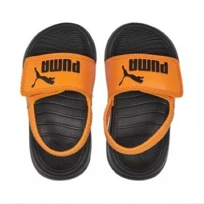 Chinelos PUMA infantis laranja e preto com logótipo na tira