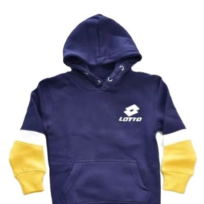 Sweatshirt azul escura com capuz e mangas amarelas e brancas da marca Lotto