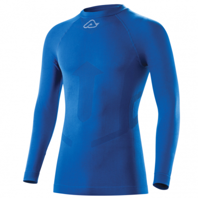 Camisola técnica azul de manga comprida com padrões geométricos e logótipo branco no peito