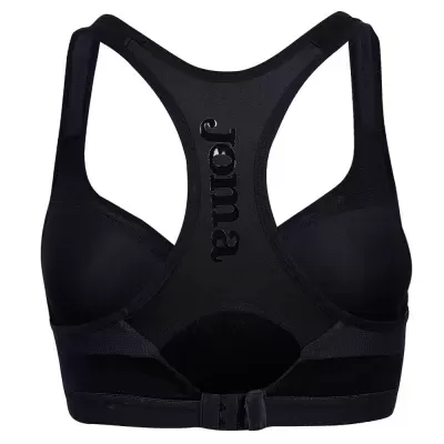 Soutien desportivo preto com costas em formato nadador e palavra Joma em relevo