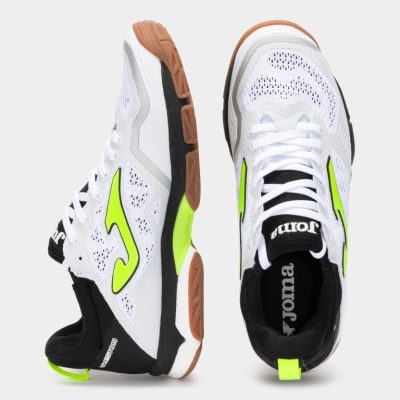 Ténis desportivos Joma brancos com detalhes amarelo fluorescente e sola castanha