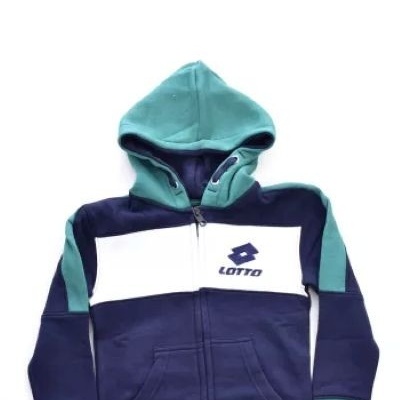 Camisola com capuz azul escuro, verde e branco com fecho de correr e logótipo LOTTO