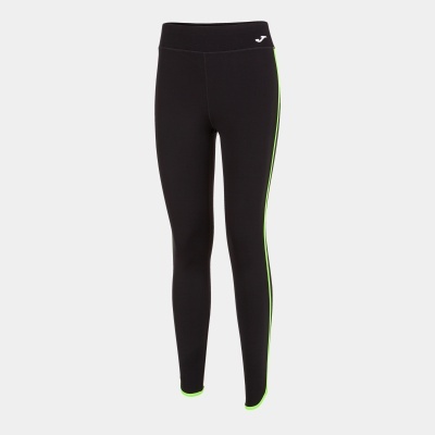 Leggings pretas com risca verde fluorescente e logo branco no cós