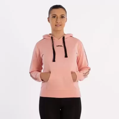 Sweatshirt rosa claro com capuz e bolso canguru e texto saller no peito