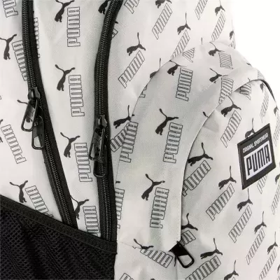 Mochila branca com padrão PUMA e fechos pretos