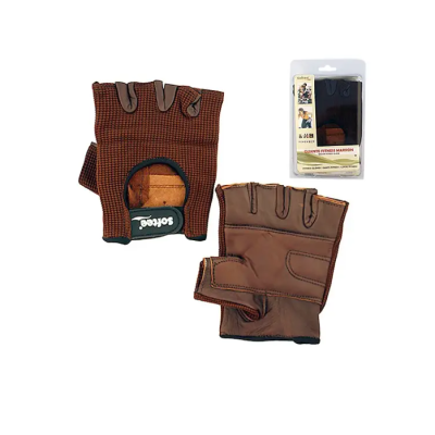 Luvas de fitness castanhas com dedos cortados e embalagem