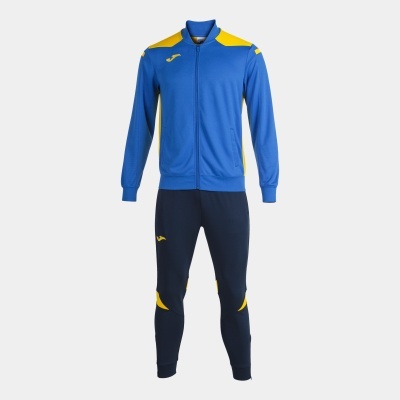 Conjunto desportivo azul com detalhes amarelos e logotipo Joma