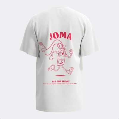 Camiseta branca com estampa rosa de carregador desenho animado e texto JOMA ALL FOR SPORT