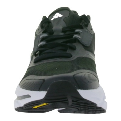 Ténis desportivo verde escuro e cinzento com sola branca e atacadores pretos