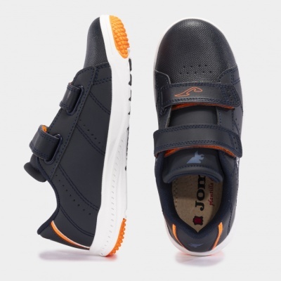 Ténis infantis azuis com detalhes laranja e branco, fecho velcro, marca Joma na palmilha