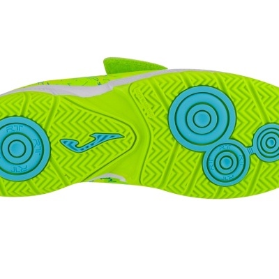 Sola de sapato desportivo verde fluorescente com detalhes azuis