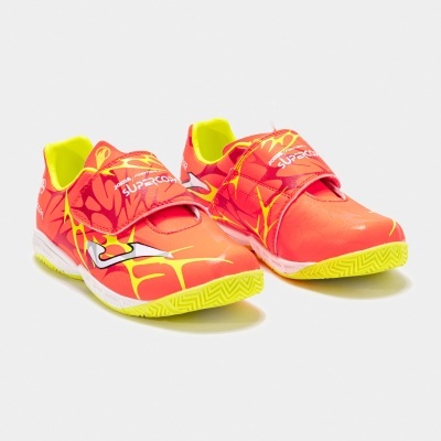 Sapatilhas desportivas vermelhas e amarelas com fecho de velcro