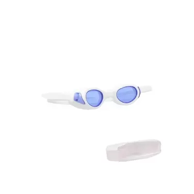 Óculos de natação brancos com lentes azuis e estojo translúcido