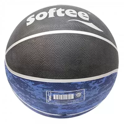 Bola de basquetebol Softee a preto e azul com logótipo branco
