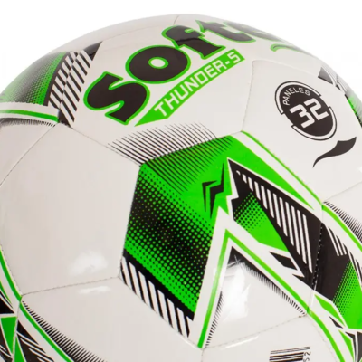 bola de futebol branca com padrões verdes e pretos e texto Soft THUNDER 5