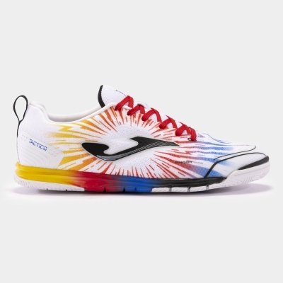 Ténis desportivo branco com padrão colorido e atacadores vermelhos