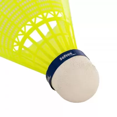 Pluma de badminton amarela com base branca e anel azul softee