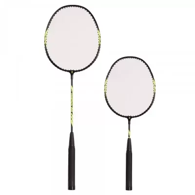 Duas raquetes de badminton pretas com detalhes amarelos e faces brancas