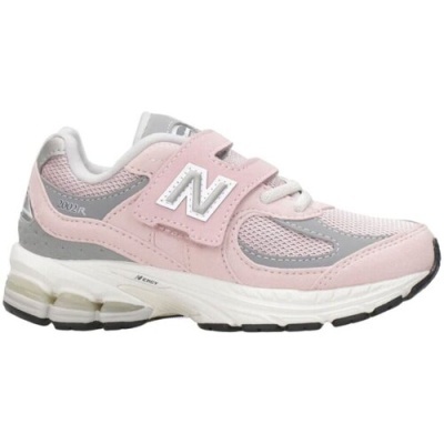 Ténis desportivo New Balance rosa, cinzento e branco com fecho em velcro.