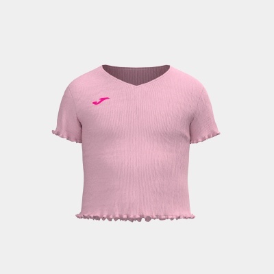 T-shirt feminina cor-de-rosa com manga curta, decote em V e logo Joma